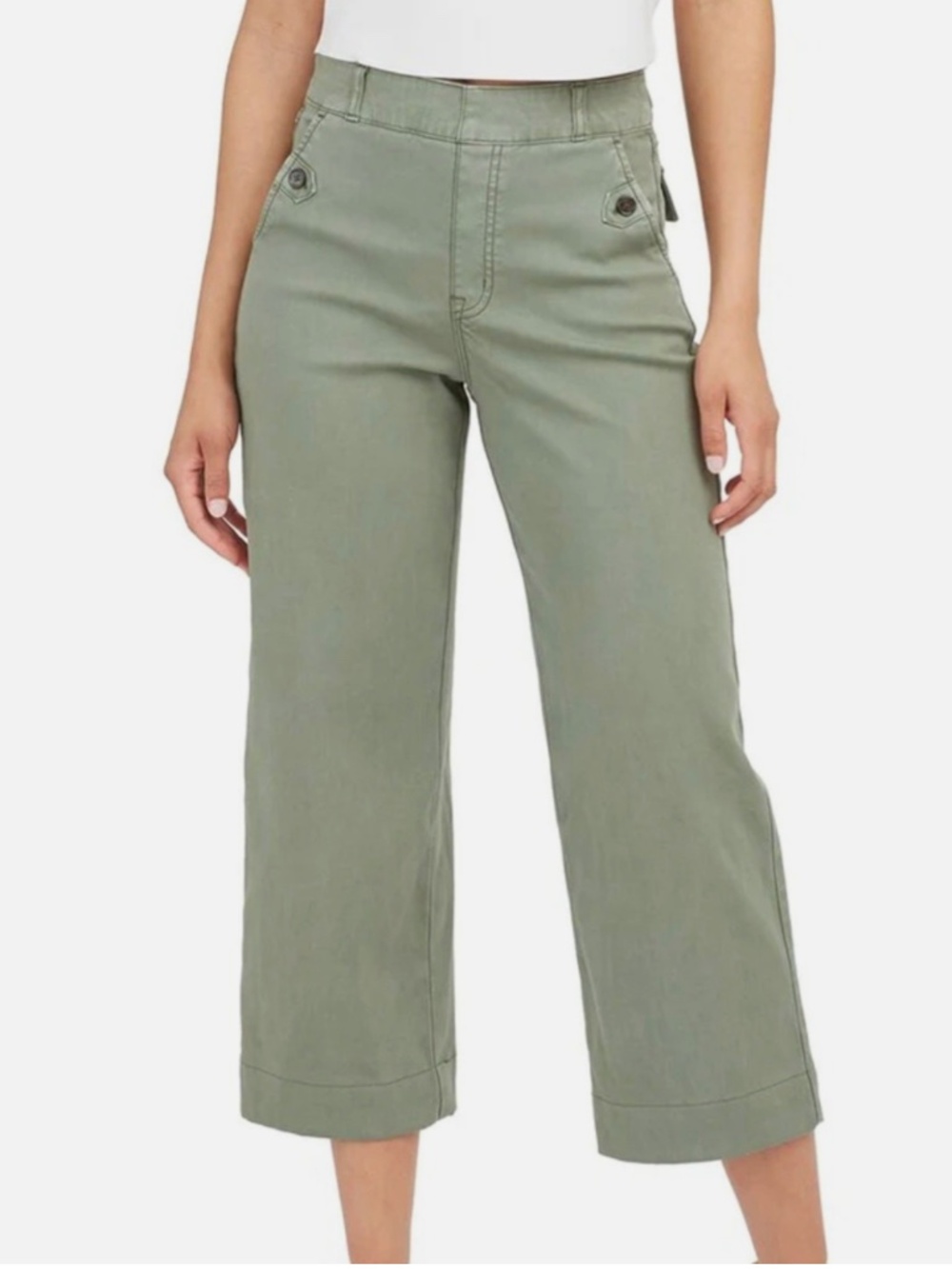 SPANX Stretch Twill Cropped Wide Leg Pant Olive Oil Green Khaki Trousers M
